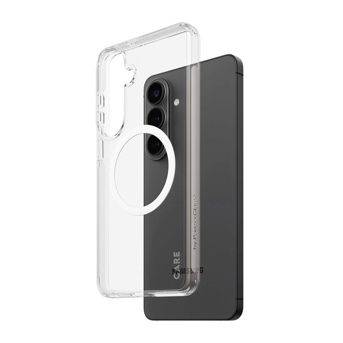 Étui de téléphone transparent montré sur un smartphone Samsung foncé, mettant en évidence la découpe de la caméra arrière et l'anneau de style MagSafe circulaire.