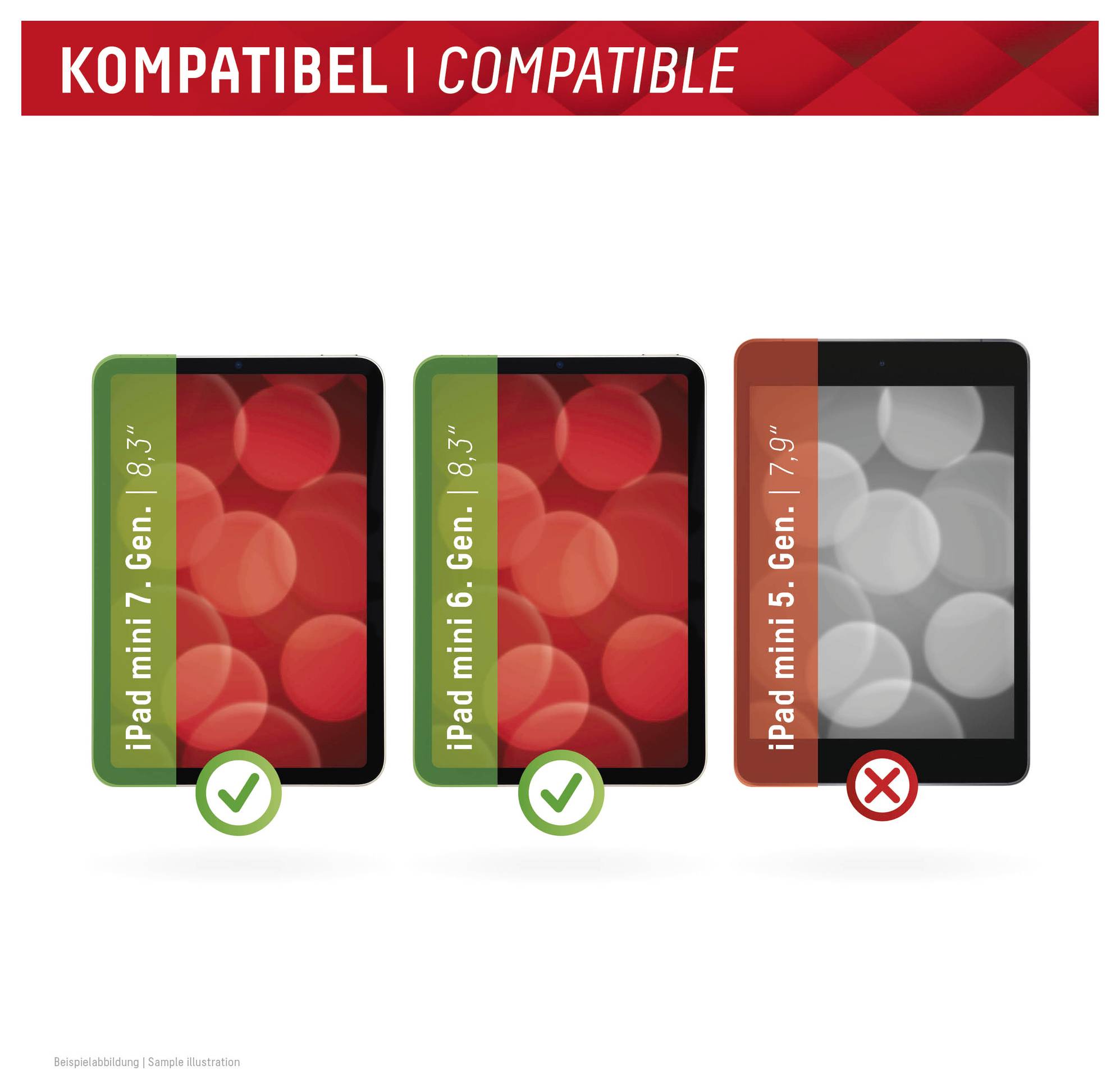 Tableau de compatibilité montrant iPad mini 7,3", iPad mini 6 8,3" comme compatible avec des coches vertes, et iPad mini 5 7,9" comme incompatible avec un X rouge sous « KOMPATIBEL | COMPATIBLE »