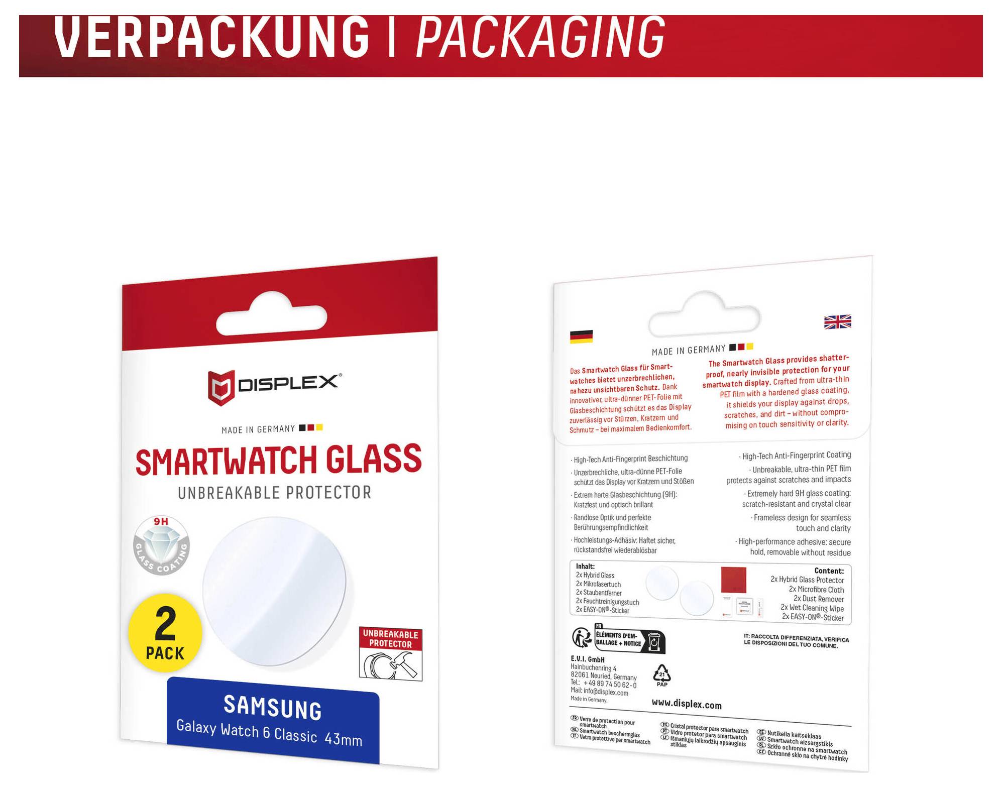 Conception d'emballage pour verre de montre intelligente Displex : avant et arrière d'une boîte de protecteur d'écran deux pièces Samsung Galaxy Watch 6 Classic 43mm.