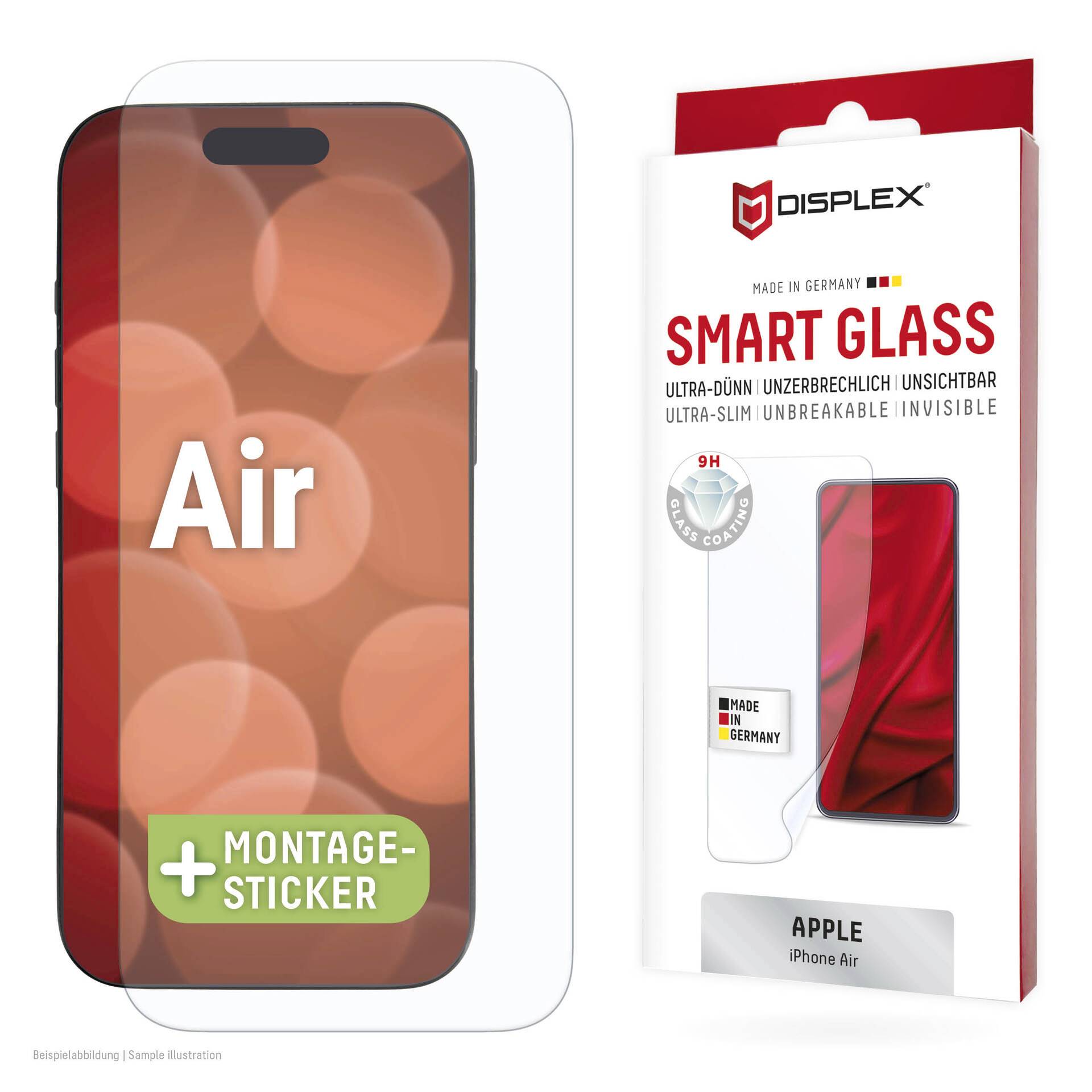 Emballage pour le protecteur d'écran Displex Smart Glass pour Apple iPhone Air, montrant le contour du téléphone et la boîte de produit avec la marque « SMART GLASS ».