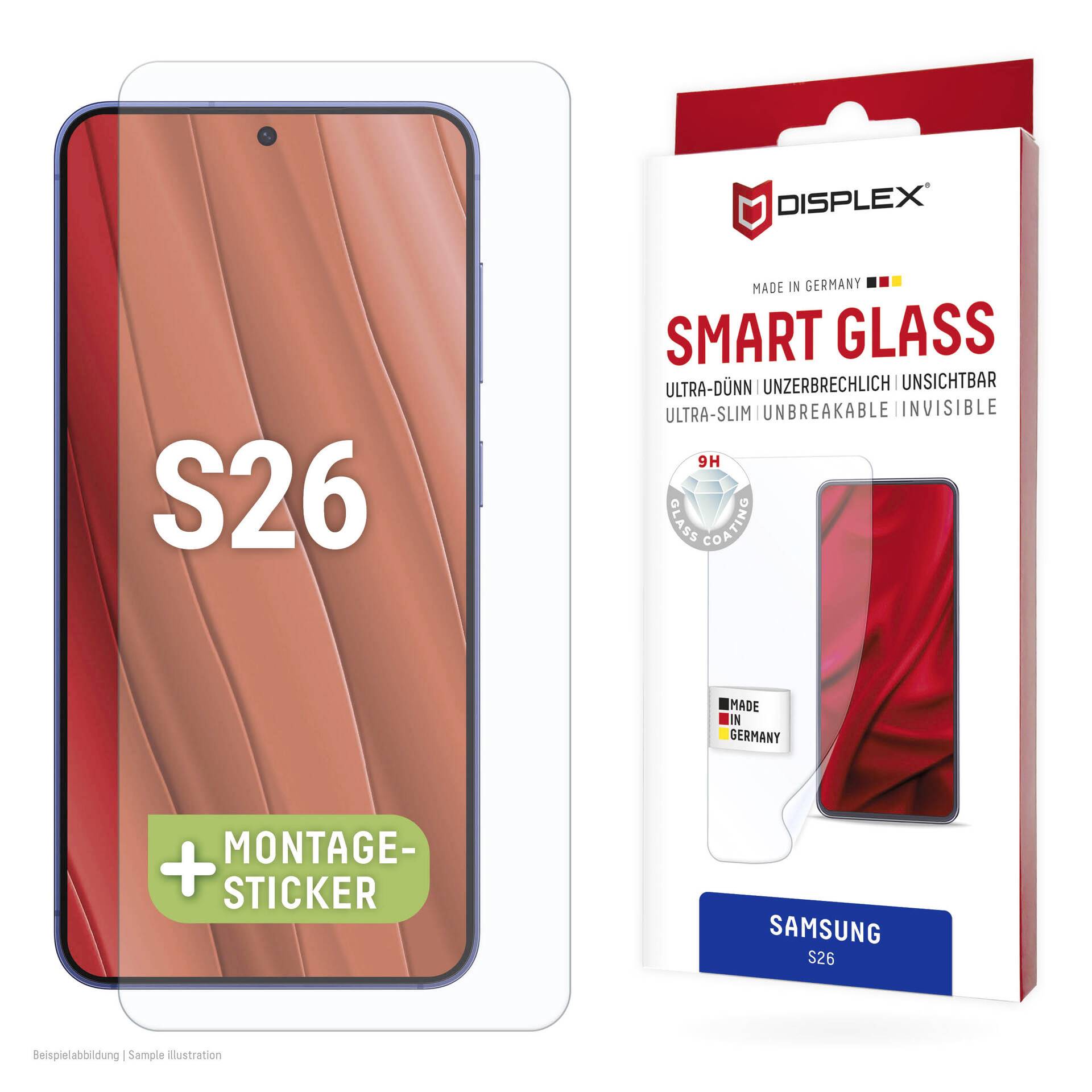 Image de produit d'un protecteur d'écran Samsung S26 étiqueté « SMART GLASS » par Displex, présenté avec un affichage téléphonique et un autocollant de montage.