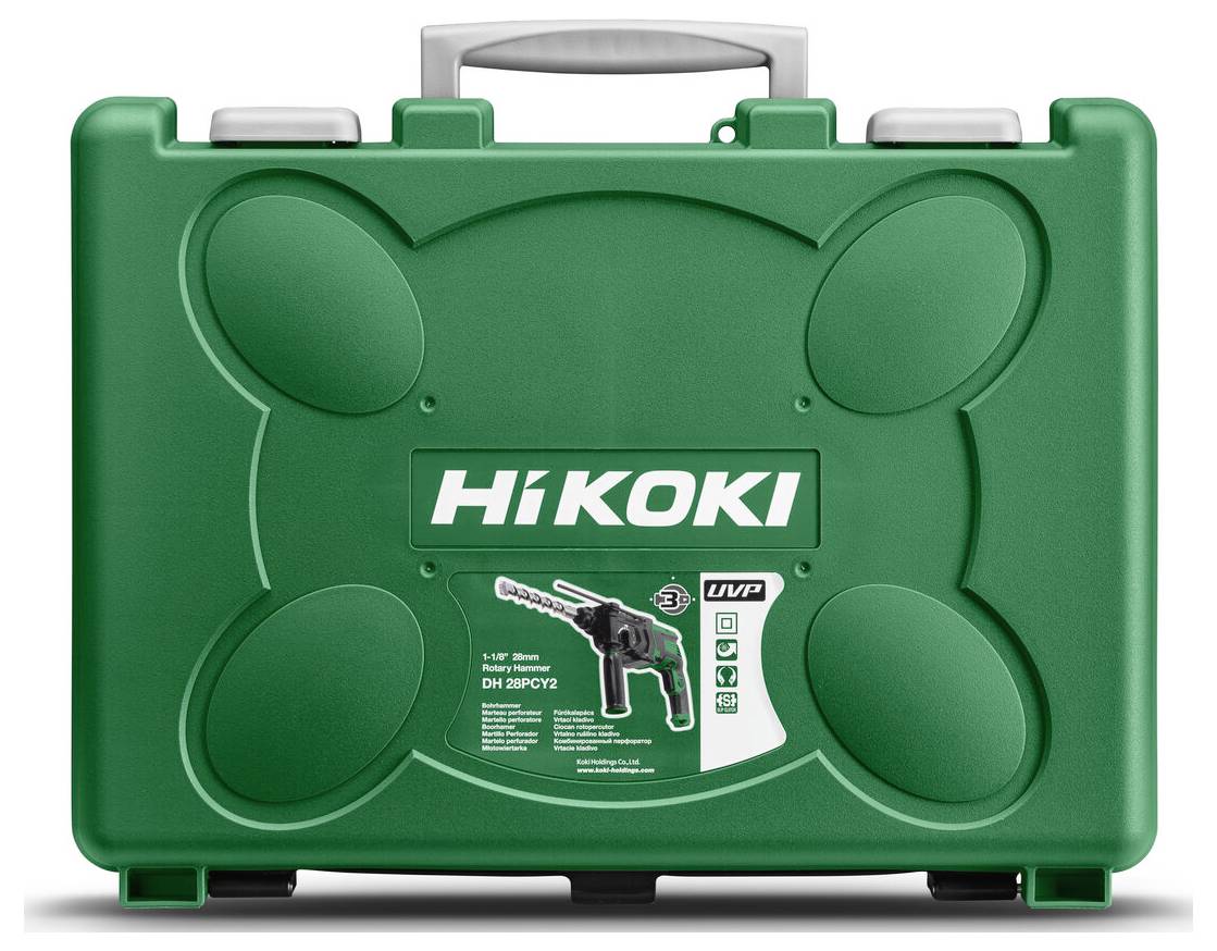 Coffret de transport en plastique rigide vert HiKOKI avec poignée et étiquette produit sur le devant.