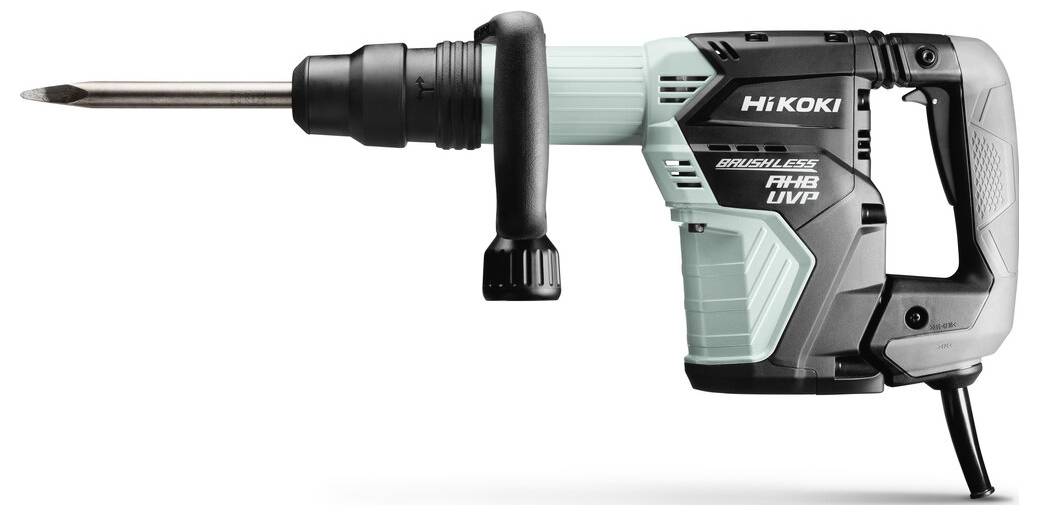 Marteau-piqueur électrique HiKOKI avec long ciseau et poignée latérale, présenté en profil sur fond blanc.