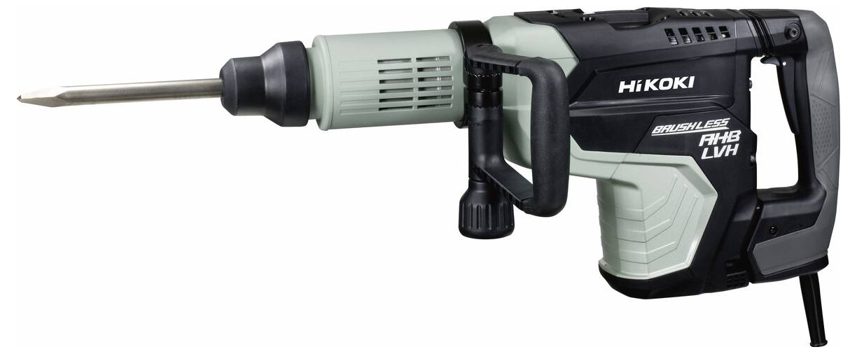 Vue latérale d'un marteau-piqueur filaire HiKOKI avec un burin pointu attaché, présenté sur un fond blanc.
