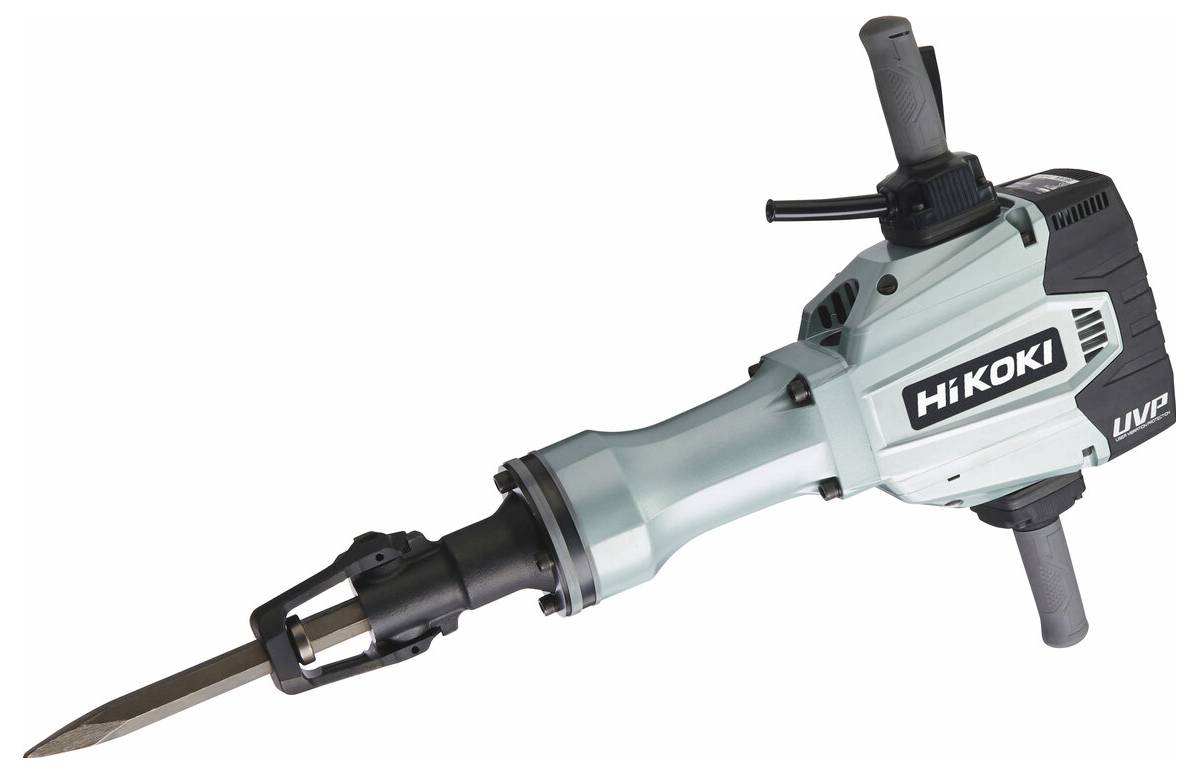 Marteau piqueur électrique avec mèche de ciseau pointu, présenté sur fond blanc, marqué HiKOKI et UWP.