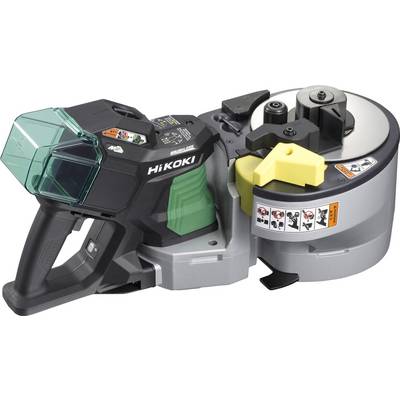 Une machine sans fil HiKOKI portative de type chaîne/courroie avec un protecteur vert transparent et un boîtier de coupe circulaire gris, présentée sur un fond blanc.