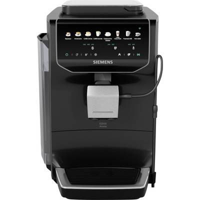 Vue de face d'une machine à café automatique Siemens avec options de boissons à écran tactile et mousseur à lait intégré.