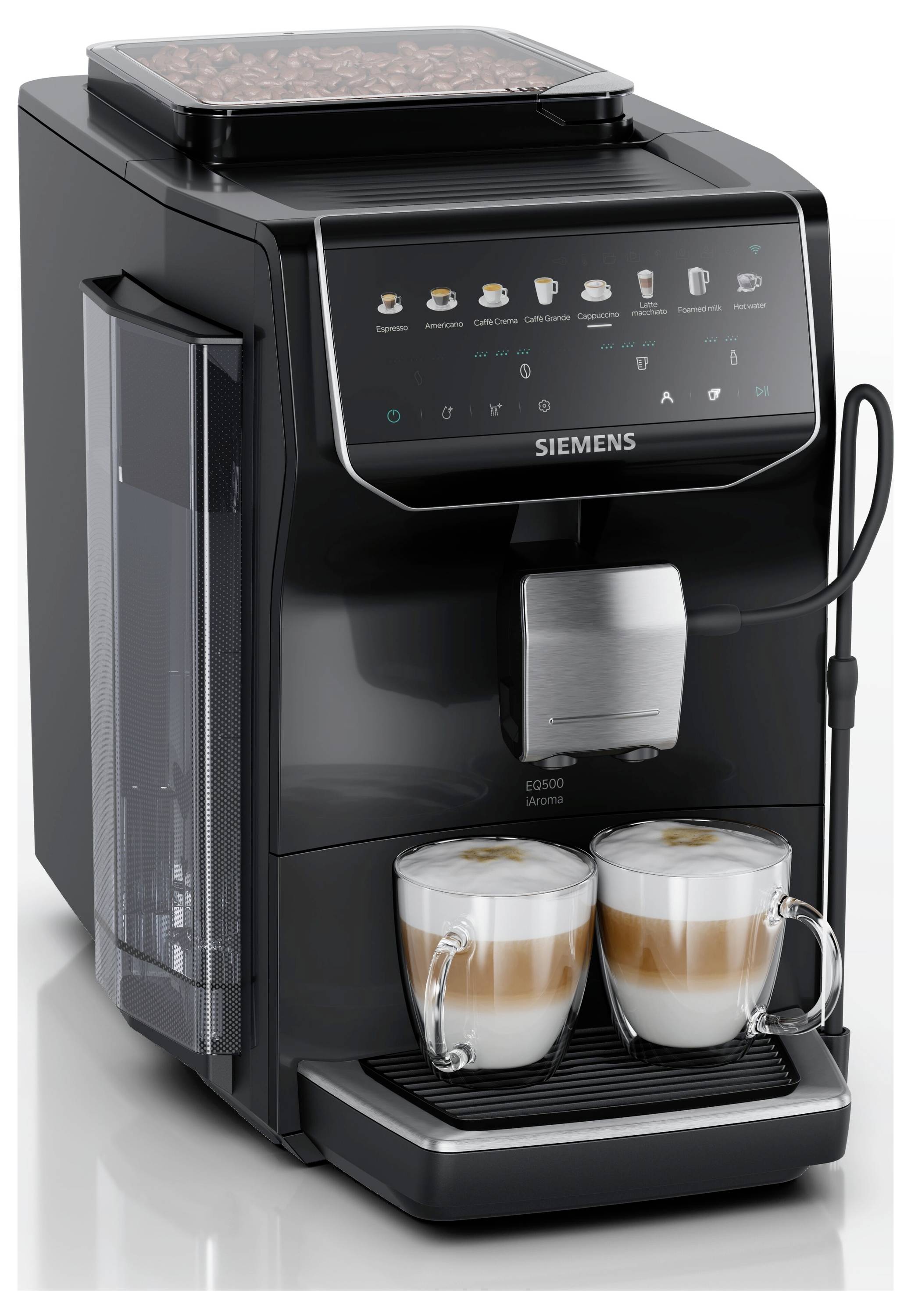 Machine à espresso automatique Siemens noire avec écran tactile, réservoir de grains et deux cappuccinos dans des tasses en verre sur le plateau d'égouttement.