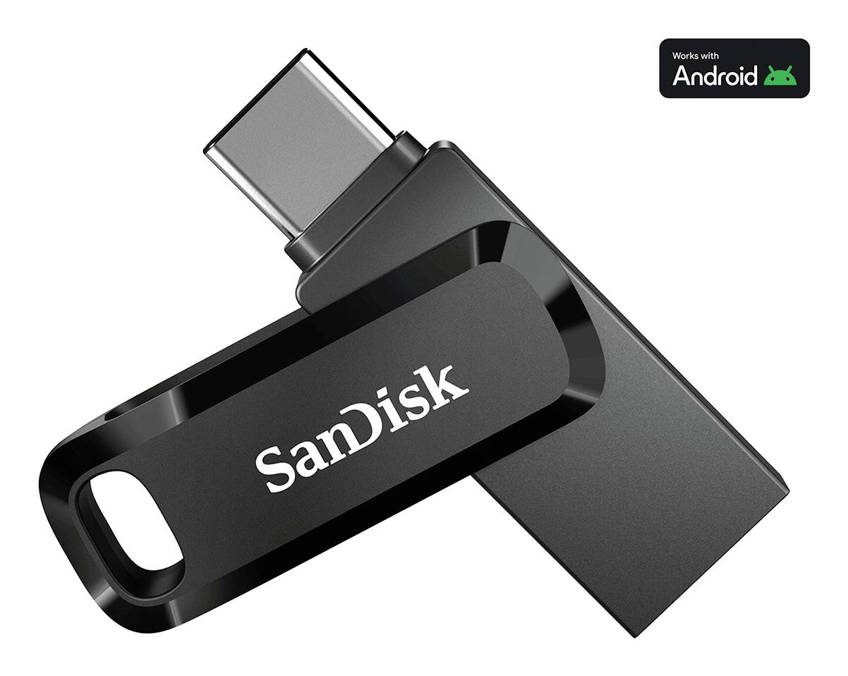 Clé USB SanDisk USB-C sur fond blanc, avec un badge « Compatible avec Android ».
