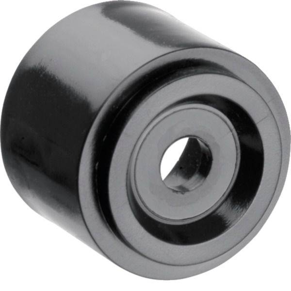 Roulement ou rouleau cylindrique métallique noir avec un trou central, montré sur un fond blanc.
