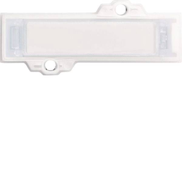 Clip ou cache rectangulaire translucide en plastique avec deux trous de fixation ronds, présenté sur un fond blanc.