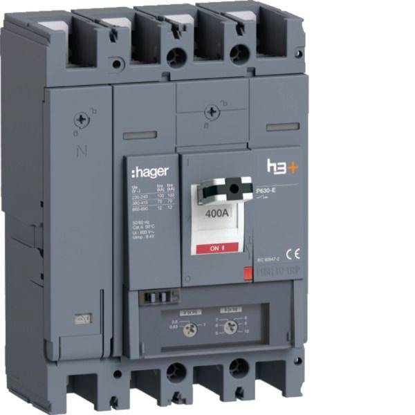 Disjoncteur électrique Gray Hager 400A avec trois bornes supérieures et un indicateur marche, présenté sur fond blanc.