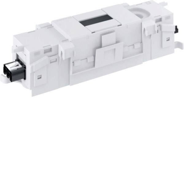 Module d'imprimante industrielle blanche ou de photocopieur présenté en perspective sur un fond uni, avec un bac noir ou un connecteur qui dépasse du côté gauche.