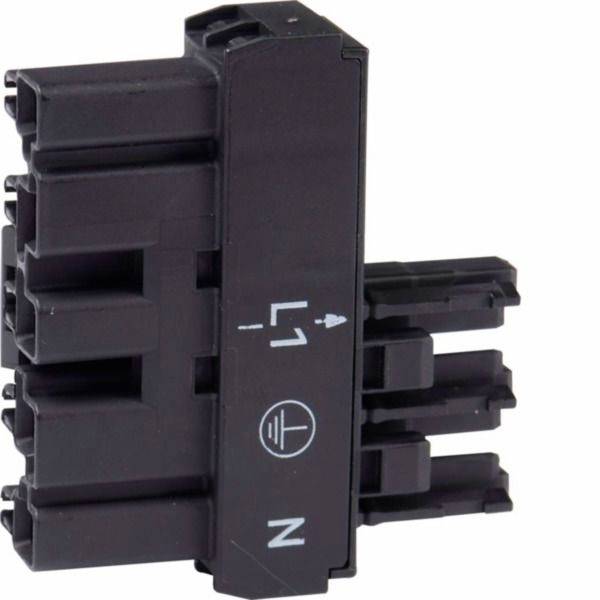 Gros plan d'un connecteur électrique noir ou d'un bornier avec plusieurs broches, étiqueté « L » et « N » avec un symbole de mise à la terre.