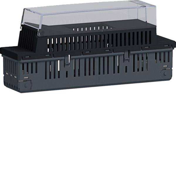 Boîtier en plastique noir ventilé avec un couvercle transparent articulé, présenté sur un fond blanc.