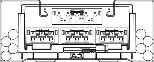 Schéma technique en trait d'un module ou machine rectangulaire avec trois sections de connecteurs internes, des rouleaux ou des roues latéraux, et un panneau d'interface supérieur centré.