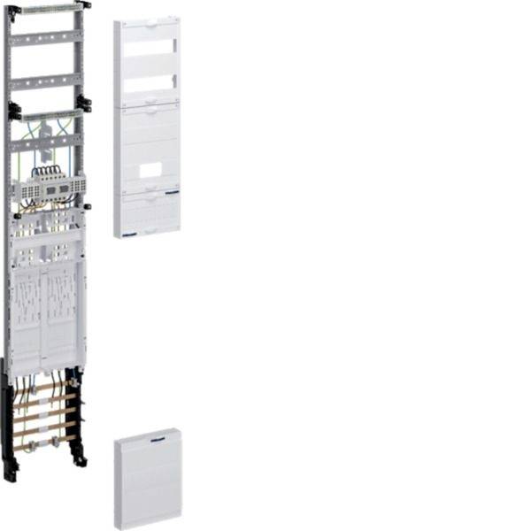Armoire électrique murale avec composants internes visibles sur la gauche et deux panneaux de couverture blancs amovibles sur la droite.