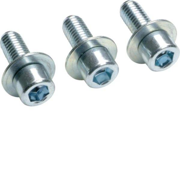 Trois boulons à douille hexagonale en argent avec rondelles, présentés en diagonale sur un fond blanc.