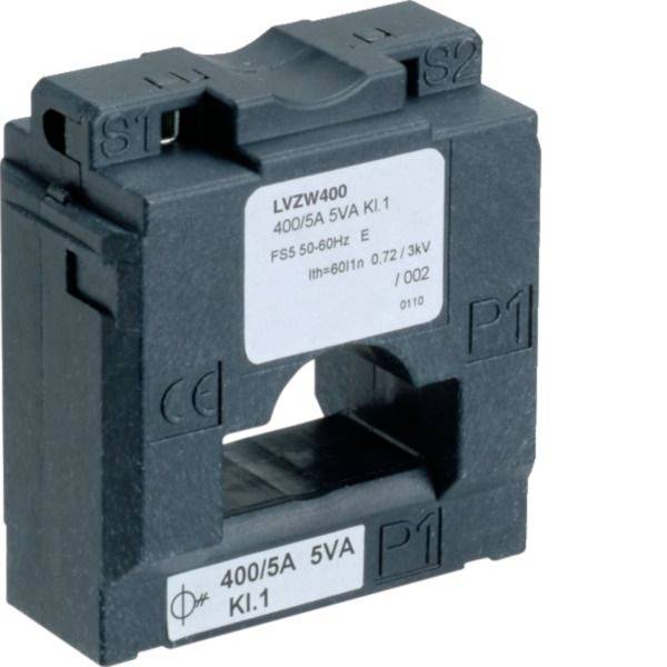 Transformateur de courant électrique noir étiqueté « LVZW400 400/5A 5VA K1.1 » avec une ouverture centrale pour un câble