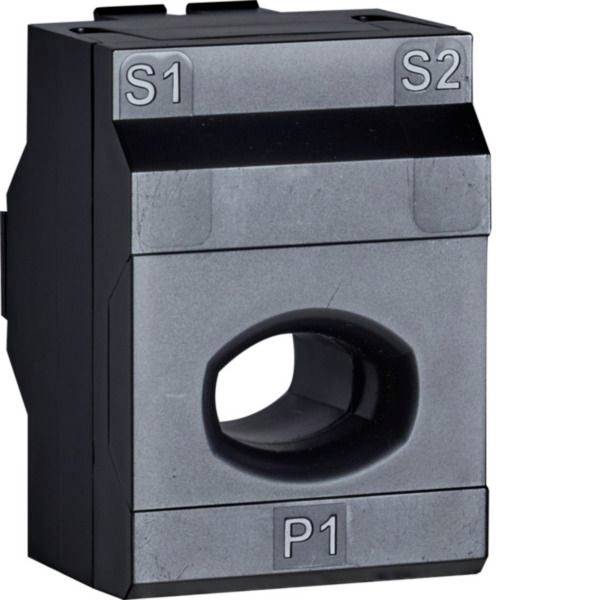 Bloc capteur de courant électrique compact étiqueté S1, S2 et P1 avec une ouverture circulaire au centre.