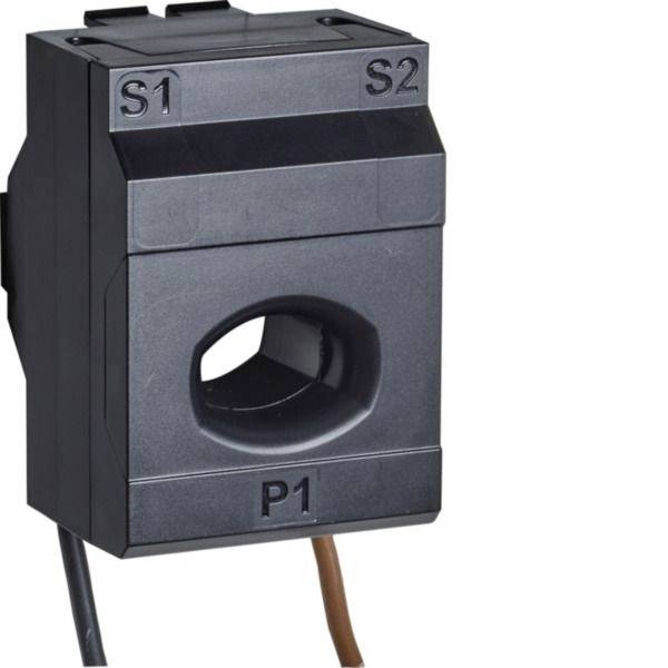 Transformateur de courant électrique noir avec bornes étiquetées S1, S2 et P1 et une ouverture de fil central.