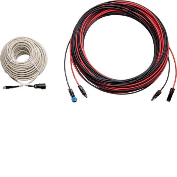 Deux assemblages de câbles enroulés sur un fond blanc : un câble beige à gauche et un câble rouge et noir à droite avec des connecteurs bleus et noirs.