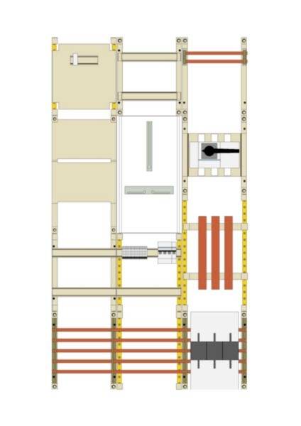 Diagramme schématique d'un cadre structurel modulaire avec des panneaux, des poutres et des connecteurs disposés en grille, montrant les différents placements de composants et les sections porteuses.