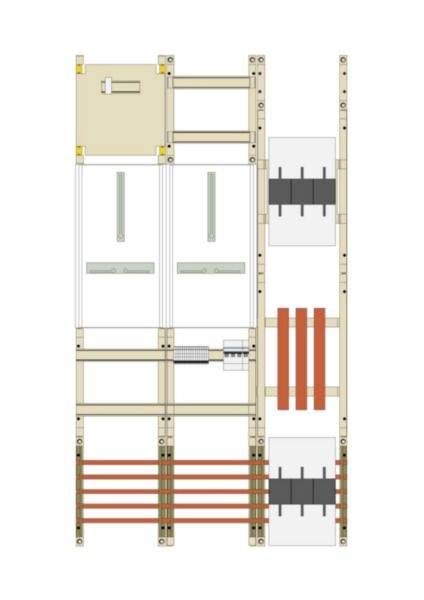 Schéma technique d'un panneau électrique modulaire ou d'une disposition d'armoire, montrant des composants empilés, des barres omnibus et des connexions de câblage dans une disposition verticale.