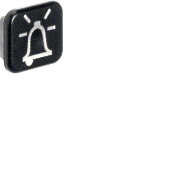 Gros plan d'un bouton carré noir avec une icône de cloche blanche qui sonne, indiquant probablement une alerte ou une notification.