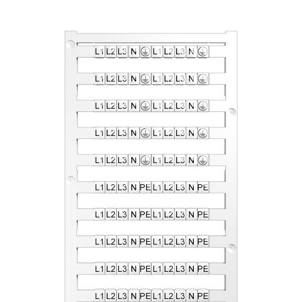 Bloc de bornes électriques blanc avec des emplacements étiquetés répétés pour les connexions L1, L2, L3, N et PE, arrangés en rangées pour la distribution du câblage.
