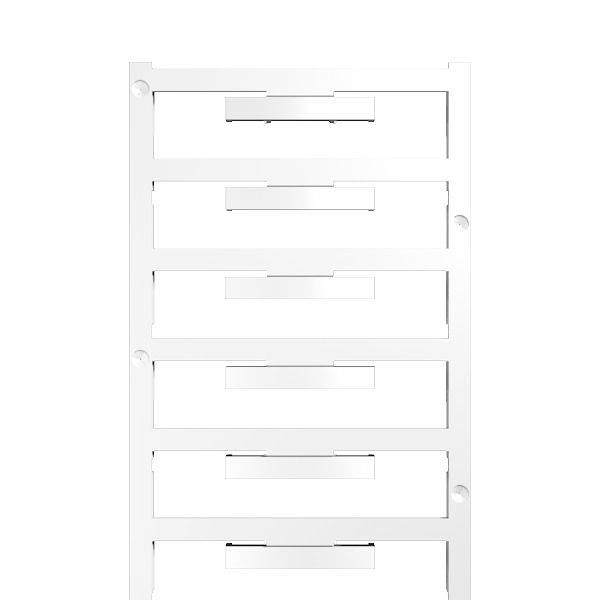 Plaque murale en plastique blanc avec six ouvertures rectangulaires horizontales et des trous de vis latéraux, probablement un cache modulaire pour prise électrique ou de données.