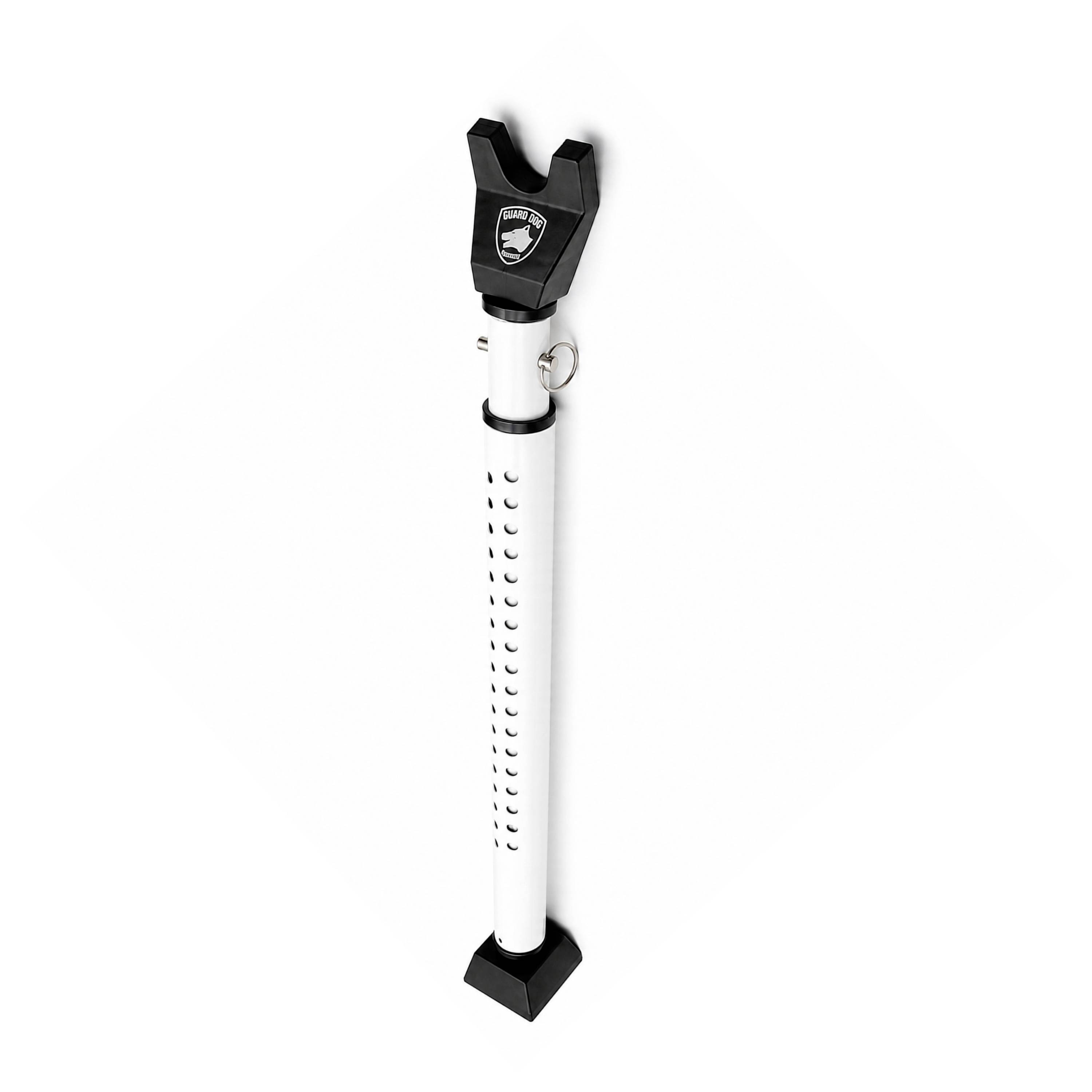 Support de rangement pour fusil blanc réglable avec berceau supérieur noir et base noire, présenté isolé sur fond blanc.