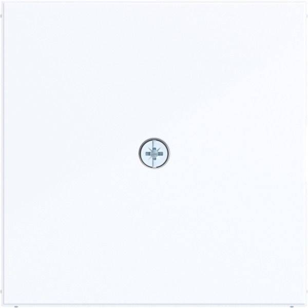 Panneau carré blanc minimaliste avec une petite icône circulaire centrée ou un emblème, ressemblant à un bouton ou à une plaque de couverture.