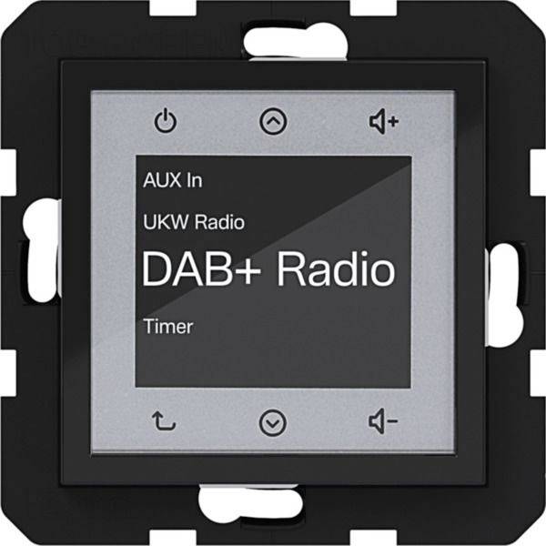 Panneau de commande de radio DAB+ mural affichant les options de menu « Entrée AUX », « Radio UKW » et « Minuteur », avec des icônes d'alimentation et de volume.