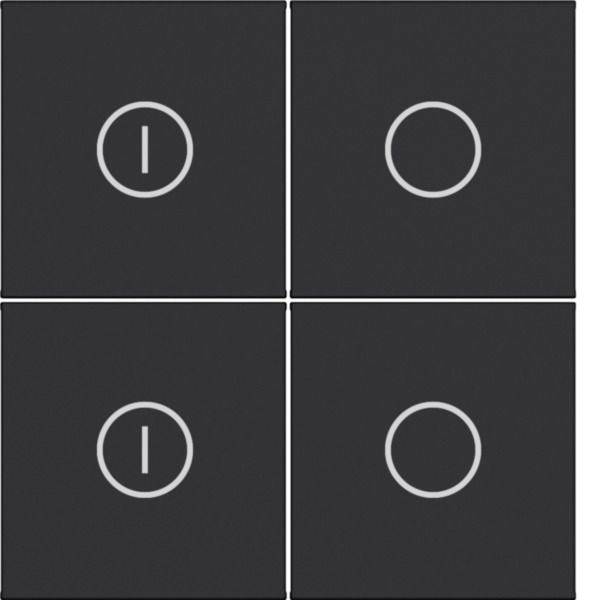 Quatre panneaux tactiles noirs disposés en grille 2x2, chacun avec une icône de cercle blanc ; les panneaux de gauche affichent une ligne verticale à l'intérieur du cercle, suggérant des contrôles marche/arrêt.