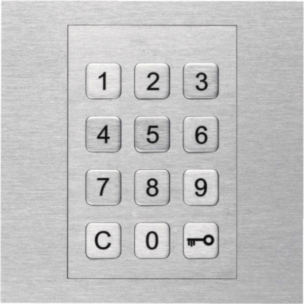 Pavé de sécurité métallique avec boutons numérotés 1-9, 0, une touche « C » d'effacement, et un bouton d'icône de clé pour le contrôle d'accès ou le déverrouillage.