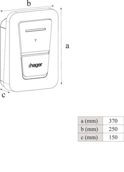 Dessin technique d'une unité murale Hager avec les dimensions étiquetées a=370 mm, b=250 mm, c=150 mm.
