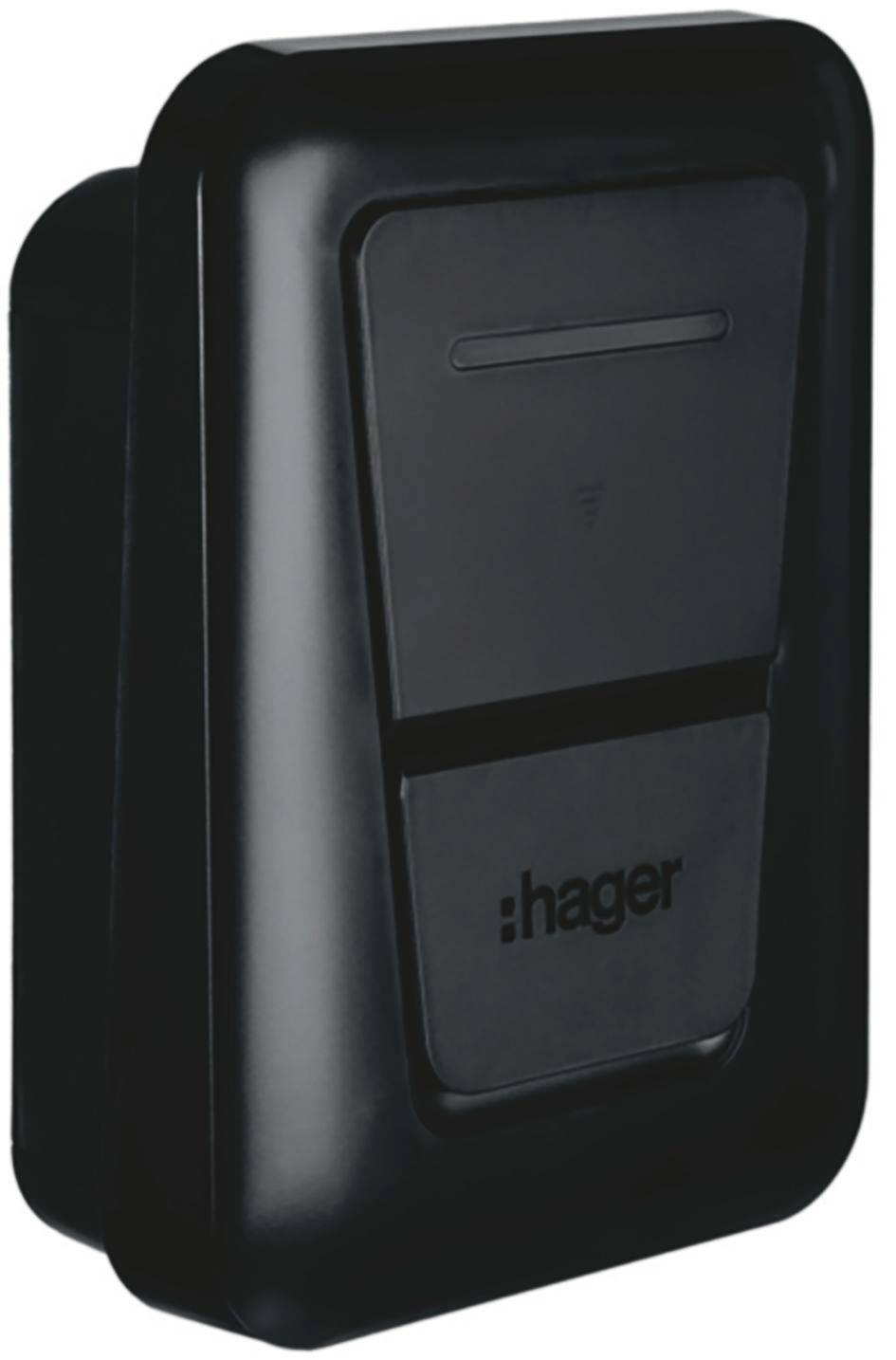 Interrupteur électrique mural Black Hager ou bouton poussoir dans un boîtier en plastique rectangulaire.