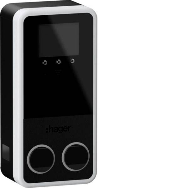 Interphone mural Black Hager ou panneau de commande avec petit écran, trois boutons et deux commandes circulaires de grande taille