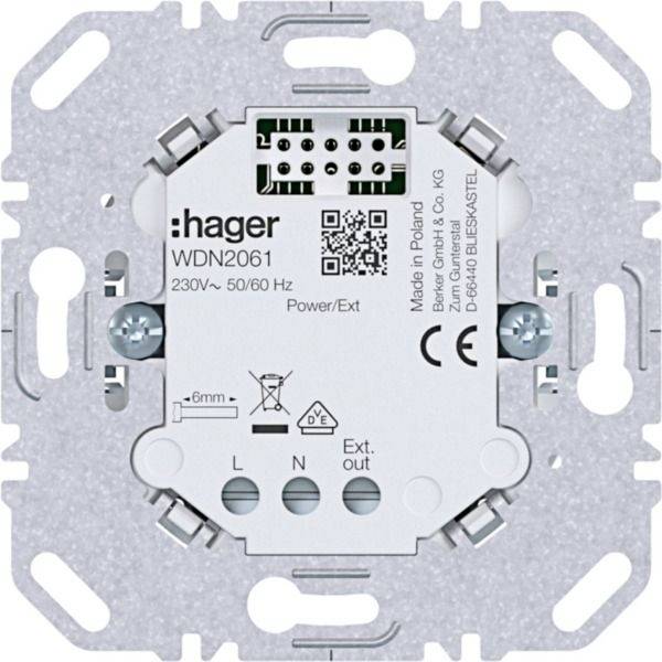 Module mural électrique Hager WDN2061 étiqueté 230V~ 50/60 Hz, avec bornes L, N et Ext. out et code QR.