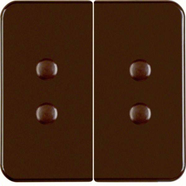 Deux panneaux rectangulaires marron foncé avec des coins arrondis, chacun avec deux bosses circulaires surélevées, ressemblant à une plaque murale de double interrupteur.