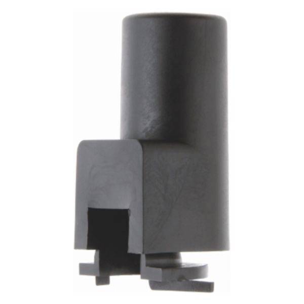 Composant mécanique cylindrique noir avec un boîtier rectangulaire et des languettes saillantes, montré sur un fond blanc.