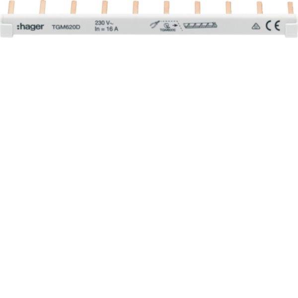 Un connecteur/module électrique Hager TGM620D étiqueté 230 V et 16 A, présenté sur un fond blanc.