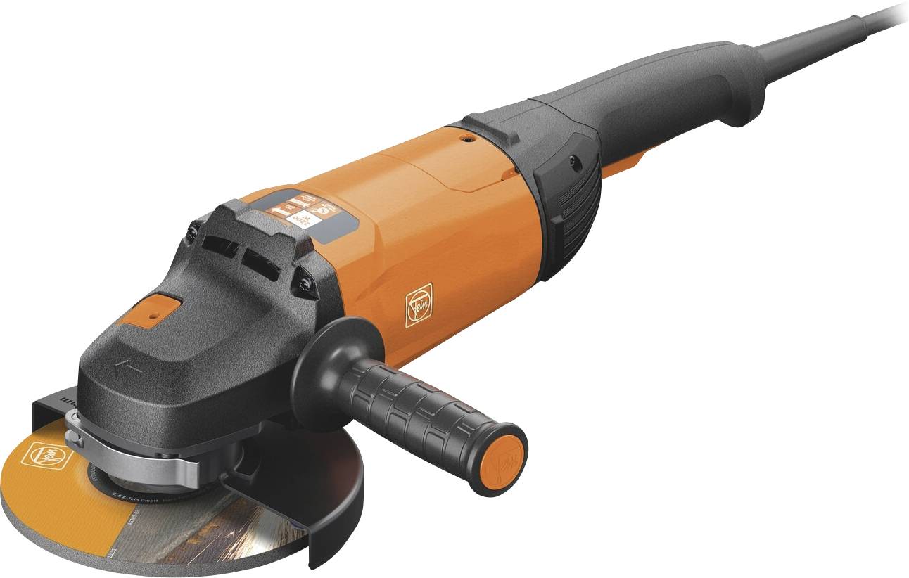 Meuleuse d'angle électrique orange et noire avec poignée latérale et disque de coupe sur fond blanc.