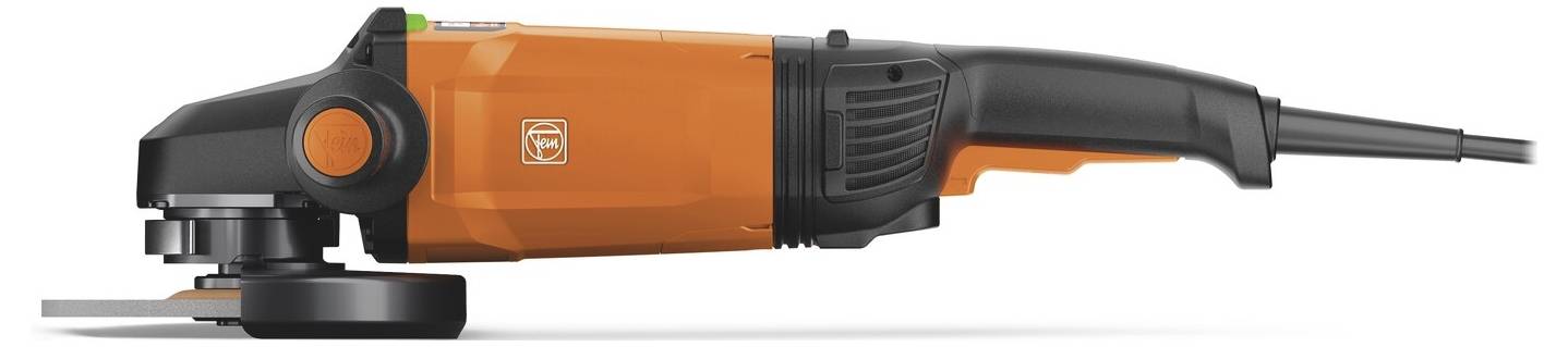 Polisseuse ou meuleuse électrique orange et noire présentée en vue latérale avec une longue poignée et un disque attaché à l'avant.