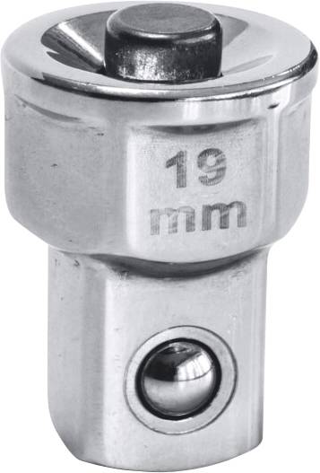 Gros plan d'un adaptateur de douille métallique étiqueté « 19 mm » avec une extrémité à entraînement carré et une bille de verrouillage, isolé sur fond blanc.