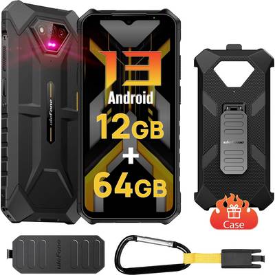 Téléphone Android Ulefone robuste montré de face et de dos, avec le texte « 12 Go + 64 Go » et un étui de protection accessoire inclus.