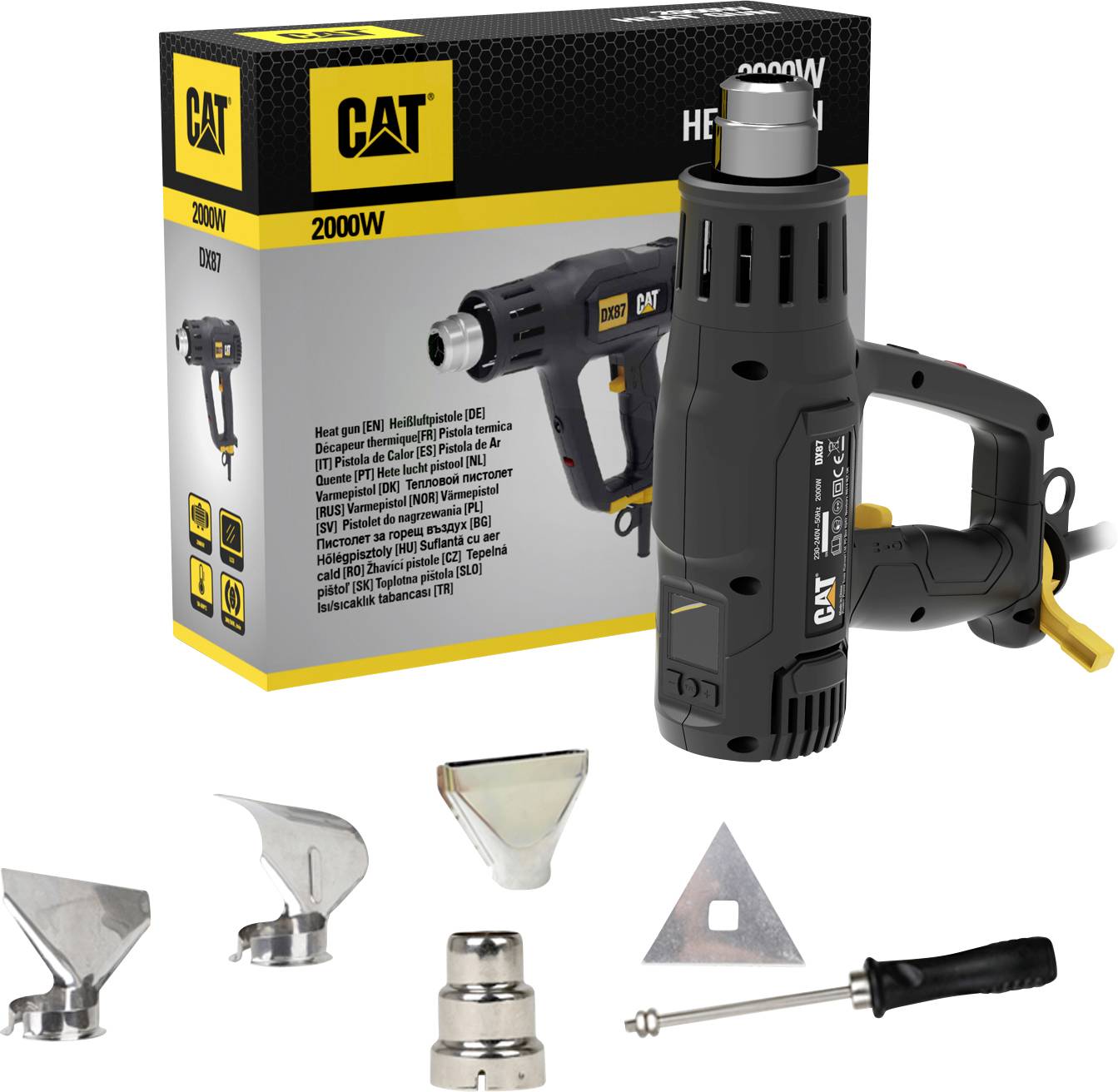 Pistolet thermique CAT 2000W avec boîte, présenté avec des embouts de buse et un outil de racloir sur fond blanc.