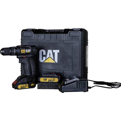 Ensemble de perceuse CAT sans fil avec étui de transport, deux batteries, chargeur et cordon d'alimentation sur fond blanc.