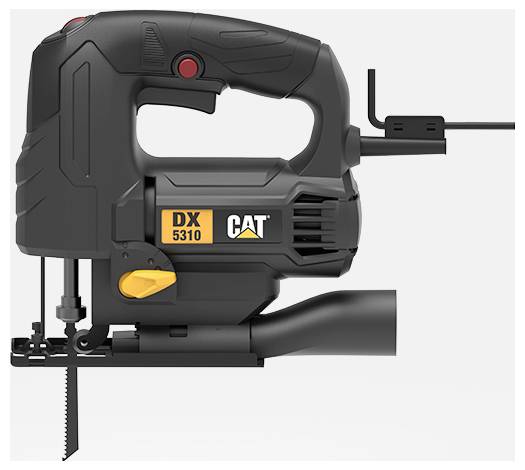 Scie sauteuse filaire Black CAT DX5310 présentée en vue de profil avec la lame et le câble d'alimentation visibles sur un fond blanc.